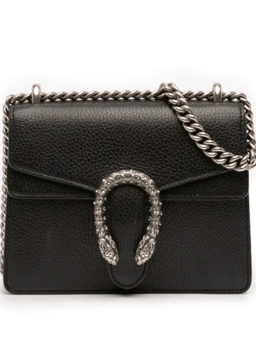 Gucci Black Pebbled Leather Shoulder Bag with Silver Chain and Horsebit